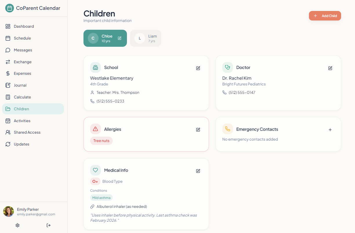 CoParent Calendar child records screen storing school, doctor, allergy and medical information