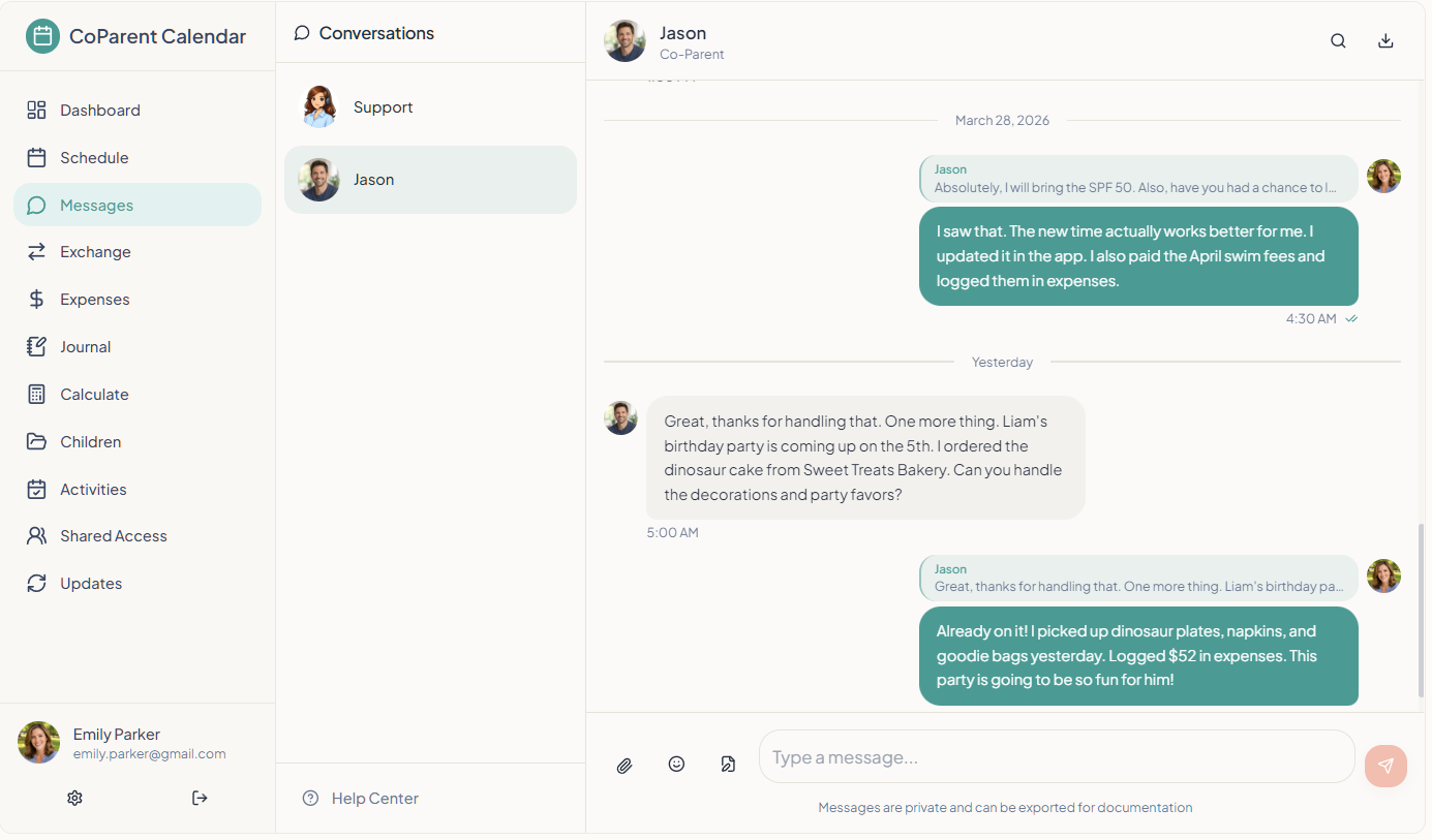 CoParent Calendar private messaging between co-parents with export for documentation